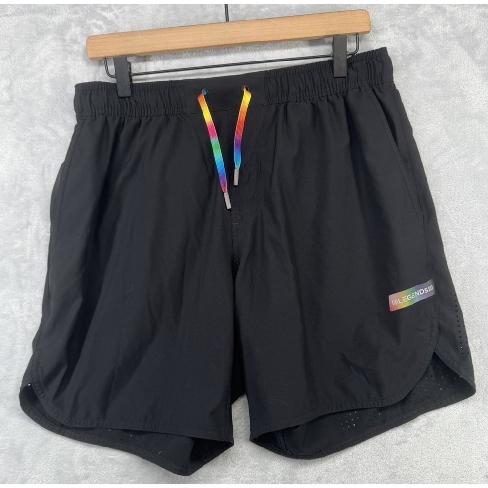 Legends Shorts Black Rainbow Drawstring Logo Stretch Unlined Gym 7" Men's Size L
